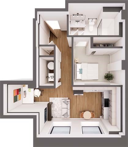 A modern, white and wood interior design of a house with a kitchen, living room, and bedroom.